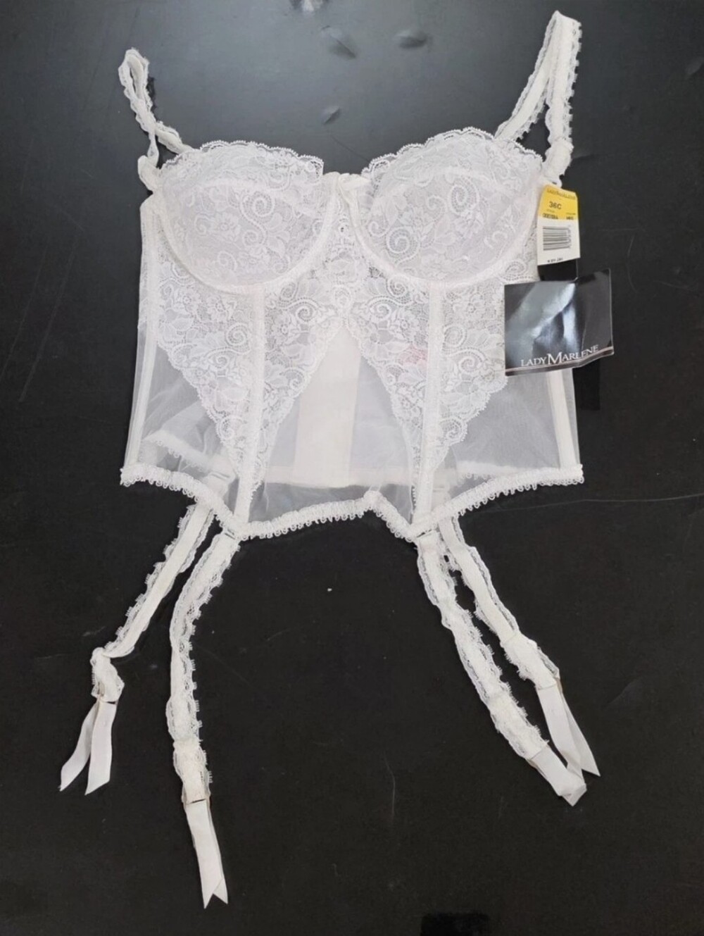 Vtg Lady Marlene Lace Coquette Fairy Romantic Bustier Corset Garter White 36C